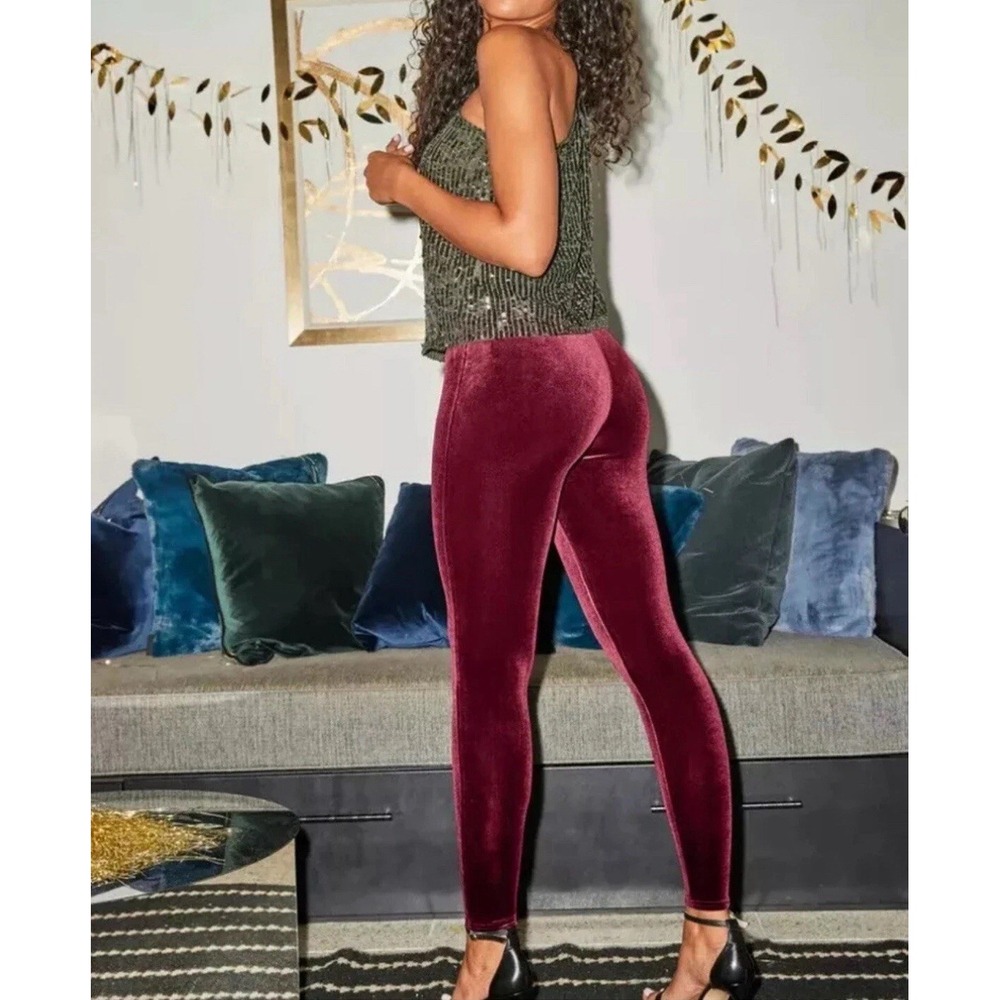 SPANX Shiny Velvet High Waisted LEGGINGS-Rich burgundy Red‎ -Sz Small EUC